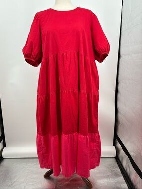 Old Navy Frida Red & Pink Tiered Puff Sleeve Maxi Dress w/pockets